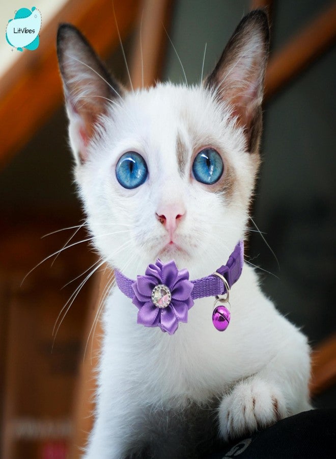 LitVibes Cat Collar Breakaway With Bell,Kitten & Small Dogs Soft Adjustable Collar Safe,Solid & Protection For Cats & Puppies,Cute Kitty Neckband With Flower Design-Purple,?14 cm,W_2 cm - Image 3